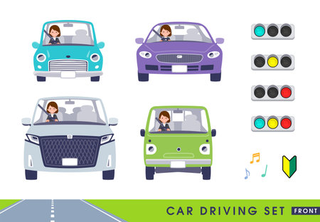A set of women driving a car(front).It's vector art so it's easy to edit.のイラスト素材
