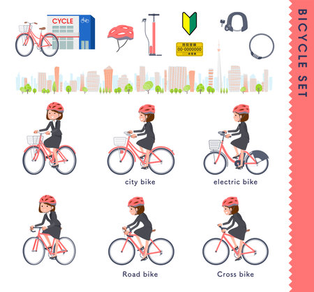A set of women riding various bicycles.It's vector art so it's easy to edit.のイラスト素材