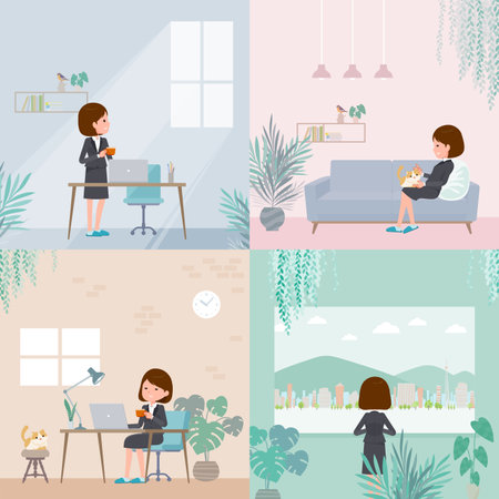 A set of women relaxing in the room.  It's vector art so easy to edit.のイラスト素材