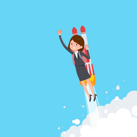 A set of women taking off with a rocket jet.It's vector art so easy to edit.のイラスト素材