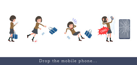 A set of schoolgirl who drops her smartphone.It's vector art so easy to edit.のイラスト素材