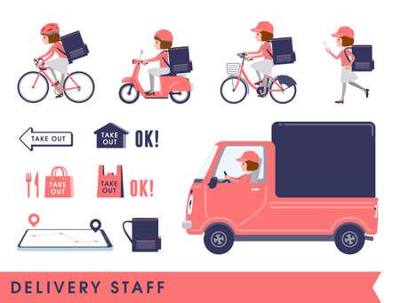 A set of women doing delivery.It's vector art so easy to edit.のイラスト素材