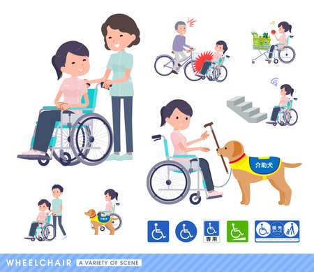 A set of Medical staff women in a wheelchair.It depicts various situations of wheelchair users.のイラスト素材