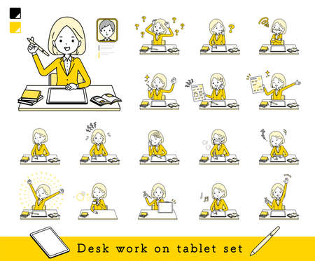 A set of women studying on a tablet device.It's vector art so easy to edit.のイラスト素材