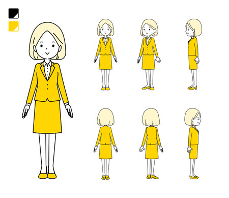 A set of women standing.Front, side and back angles.It's vector art so easy to edit.のイラスト素材