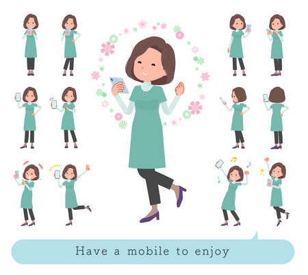 A set of middle-aged women in tunic to enjoy using a smartphone.It's vector art so easy to edit.の販売画像