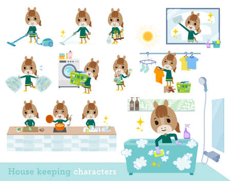 A set of Horse girl related to housekeeping.It's vector art so it's easy to edit.のイラスト素材