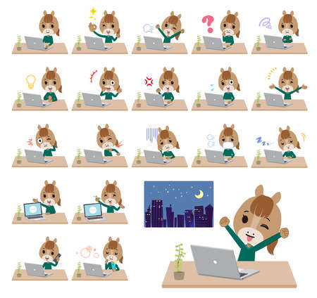 A set of Horse girl on desk work.It's vector art so it's easy to edit.のイラスト素材