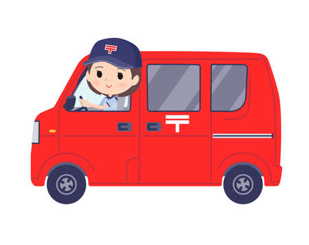 A set of postman women in a delivery car .It's vector art so easy to edit.のイラスト素材