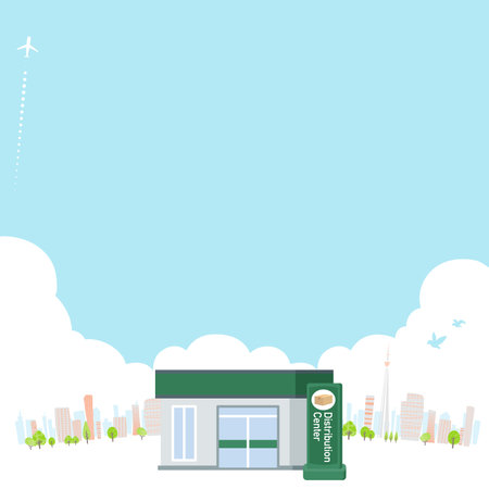 Shipping company office and summer cityscape. Square size.It's vector art so easy to edit.のイラスト素材