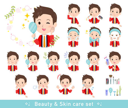 A set of wearing a happi coat man on beauty.There are various actions such as skin care and makeup.It's vector art so easy to edit.のイラスト素材