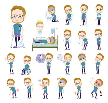 A set of American blond hair man in sportswear with injury and illness.It's vector art so easy to edit.のイラスト素材