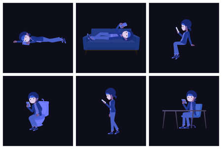 A set of natural style women who use smartphones in the dark.It's vector art so easy to edit.の販売画像