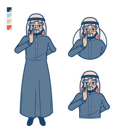 It is an illustration of an Arabic middle man in a black costume whispering quietly. You can easily change the color with swatches by editing vector data.のイラスト素材