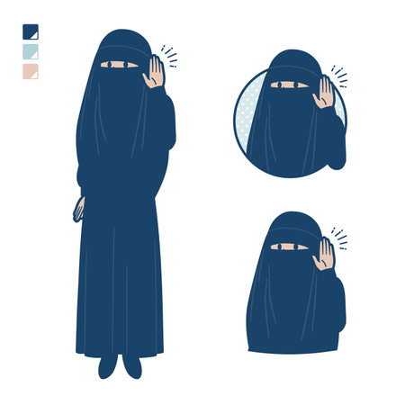 It is an illustration of a Muslim woman wearing a niqab listening to her. You can easily change the color with swatches by editing vector data.のイラスト素材
