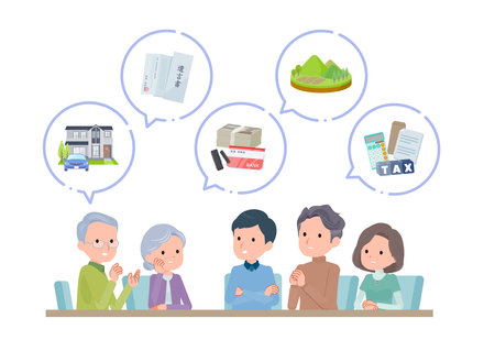 Elderly couple and son and daughter talking.Asset icon.Vector art that is easy to edit.のイラスト素材
