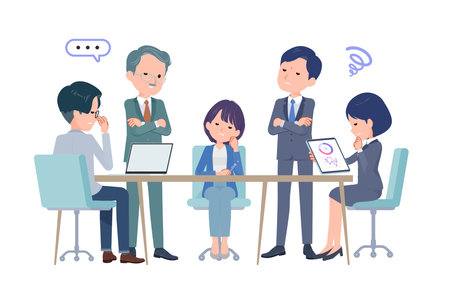 A business scene where multiple people have a meeting. Worry scene. Vector art that is easy to edit.のイラスト素材