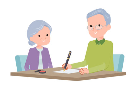 Senior couple filling out paperwork.Vector art that is easy to edit.のイラスト素材