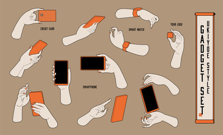 A set of hand-held illustrations of ukiyo-e style gadgets.のイラスト素材