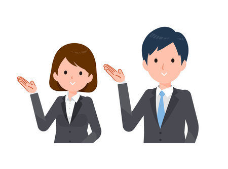 Business people men and women in suits. A pose giving directions and introductions.のイラスト素材