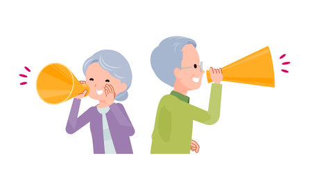 Elderly couple in their 70s-80s. Cheering with a megaphoneï¼ Looking sideways.のイラスト素材