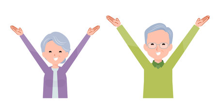Elderly couple in their 70s-80s. Hurray pose.のイラスト素材