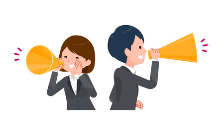 Business people in suits. Cheering with a megaphoneï¼ Looking sideways.のイラスト素材