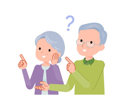 Elderly couple in their 70s-80s. A scene expressing doubts and anxieties.Diagonal orientation.のイラスト素材
