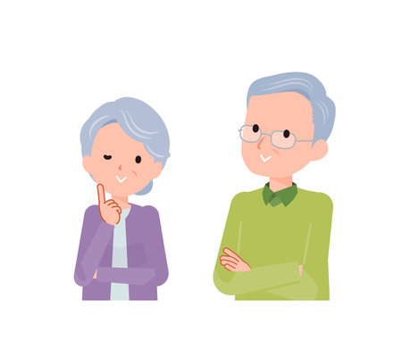 Elderly couple in their 70s-80s. A pleasing expression in the scene of the consideration.のイラスト素材