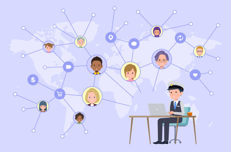 A set of Male driver operating a PC and transmitting information on social media.It's vector art so easy to edit.のイラスト素材