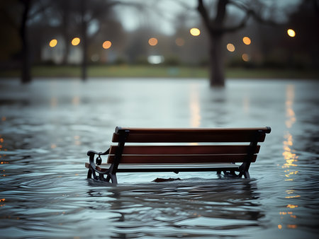 A park bench or street partially submerged in water symbolizing the effects of flooding and rising sea levels AI-generatedの写真素材