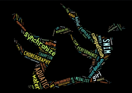 Aquatics Synchronized Swimming pictogramwith colorful words  on black backgroundの写真素材