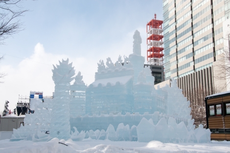 Sapporo, Japan - Feb. 7 2013 : Illuminated snow sculpture of The Land of Ice ~ Princess of White Wings at Sapporo Snow Festival 2013 in Sapporo, Hokkaido, Japan.のeditorial素材