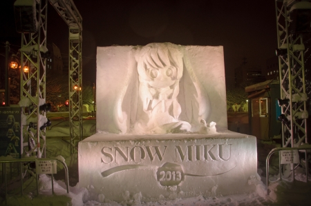 Sapporo, Japan - Feb. 7 2013 : Snow sculpture of Hatsune Miku or snow miku at Sapporo Snow Festival 2013 in Sapporo, Hokkaido, Japanのeditorial素材