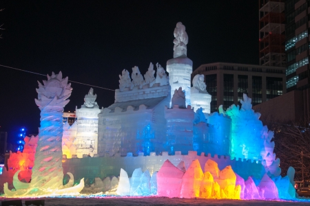 Sapporo, Japan - Feb. 9 2013 : Illuminated snow sculpture of The Land of Ice ~ Princess of White Wings at Sapporo Snow Festival 2013 in Sapporo, Hokkaido, japan. The Festival is held at Sapporo Odori Park. The festival is one of Japan's largest winter eveのeditorial素材