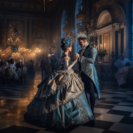 Beautiful young couple in medieval costumes in the baroque styleの素材