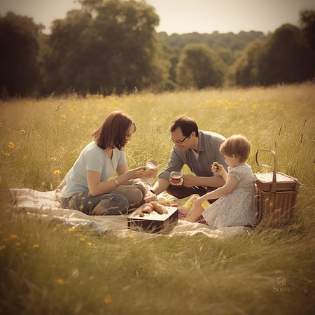 Happy family picnicking in nature. Mother, father and son having picnic in the meadow.の素材