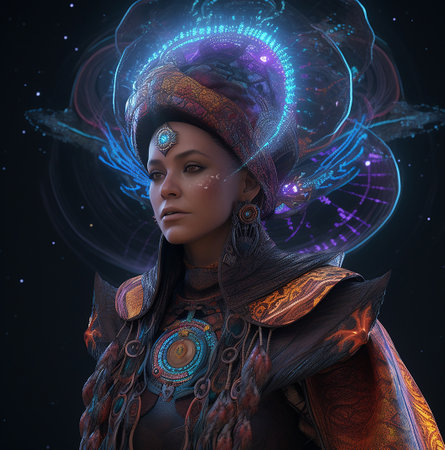 Beautiful shamanic woman with bright tribal make-up. 3d renderingの素材