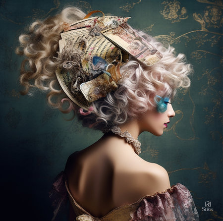 Fashion portrait of beautiful girl with old book in her hair.の素材