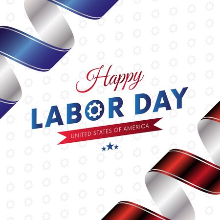 Happy Labor Day. White background. Waving flag. Red and blue gradient ribbons. Gears background. Vector illustration.のイラスト素材