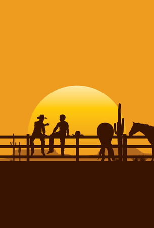 Silhouette of cowboys sitting on fence at sunset vectorのイラスト素材