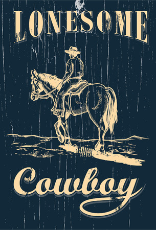 Hand drawn of cowboy riding horse on a wooden signのイラスト素材