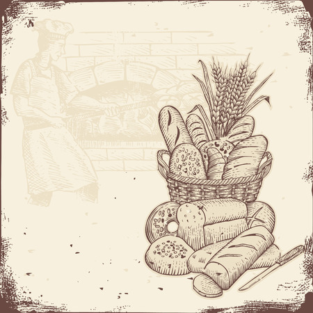 Bakery signboard, Basket of bread and baker baking bread in a brick oven.のイラスト素材