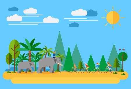 Happy family biking in Thailand. Flat design, all objects are grouped.のイラスト素材