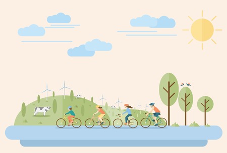 Happy family riding bicycles in countryside. Flat Illustration, all objects are grouped.のイラスト素材