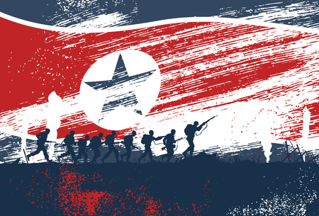 Silhouette of soldiers fighting at war with North Korea flag as a backgroundのイラスト素材