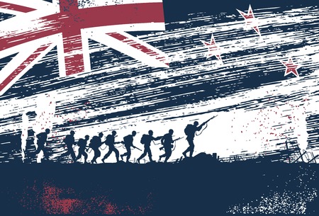 Silhouette of soldiers fighting at war with New Zealand flag as a backgroundのイラスト素材