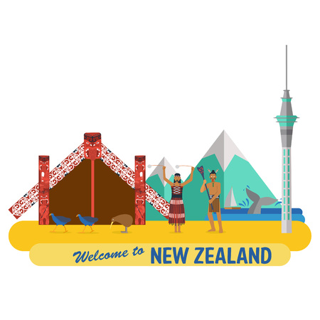 Flat design, New Zealand's landmarks and iconsのイラスト素材