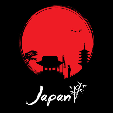 Abstract Japanese background, geisha praying at shrineのイラスト素材