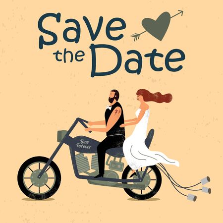 Wedding couple on motorbike with text save the date, vectorのイラスト素材